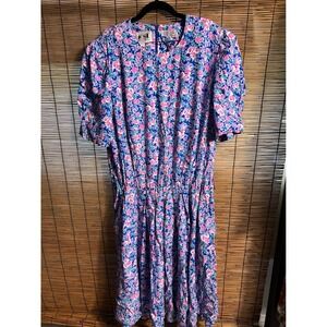 Karin Stevens KSL Floral Midi Dress Blue Rayon 18W Plus Size 80s 90s